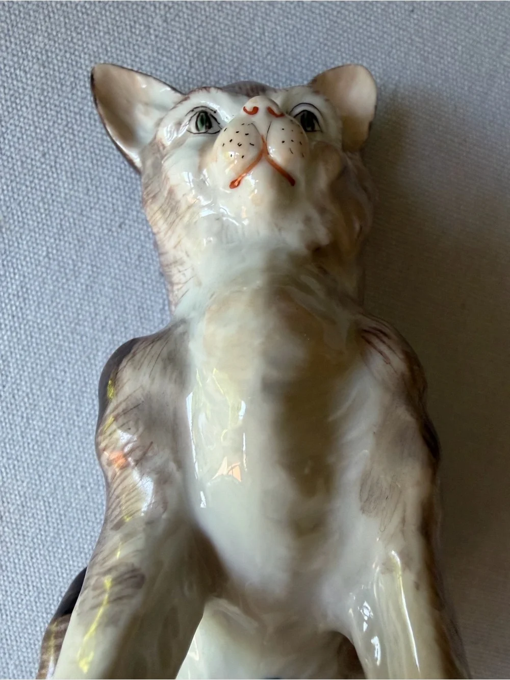 Vintage Glazed Ceramic Cat Figurine in Brown / White - Decorative Pet Statue